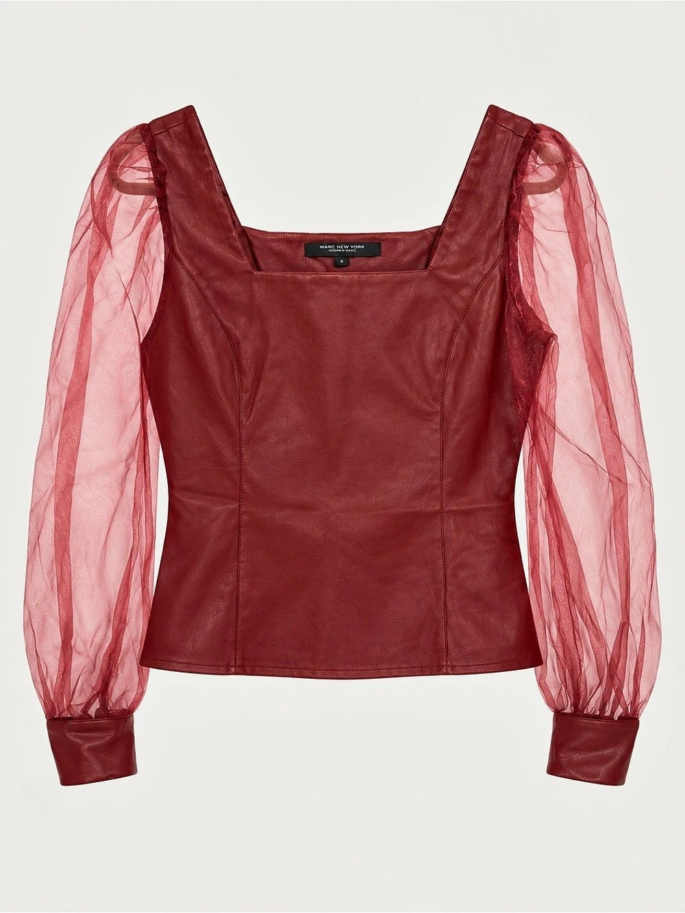 Marc New York Faux Leather Sheer Sleeve Top Red Size Small